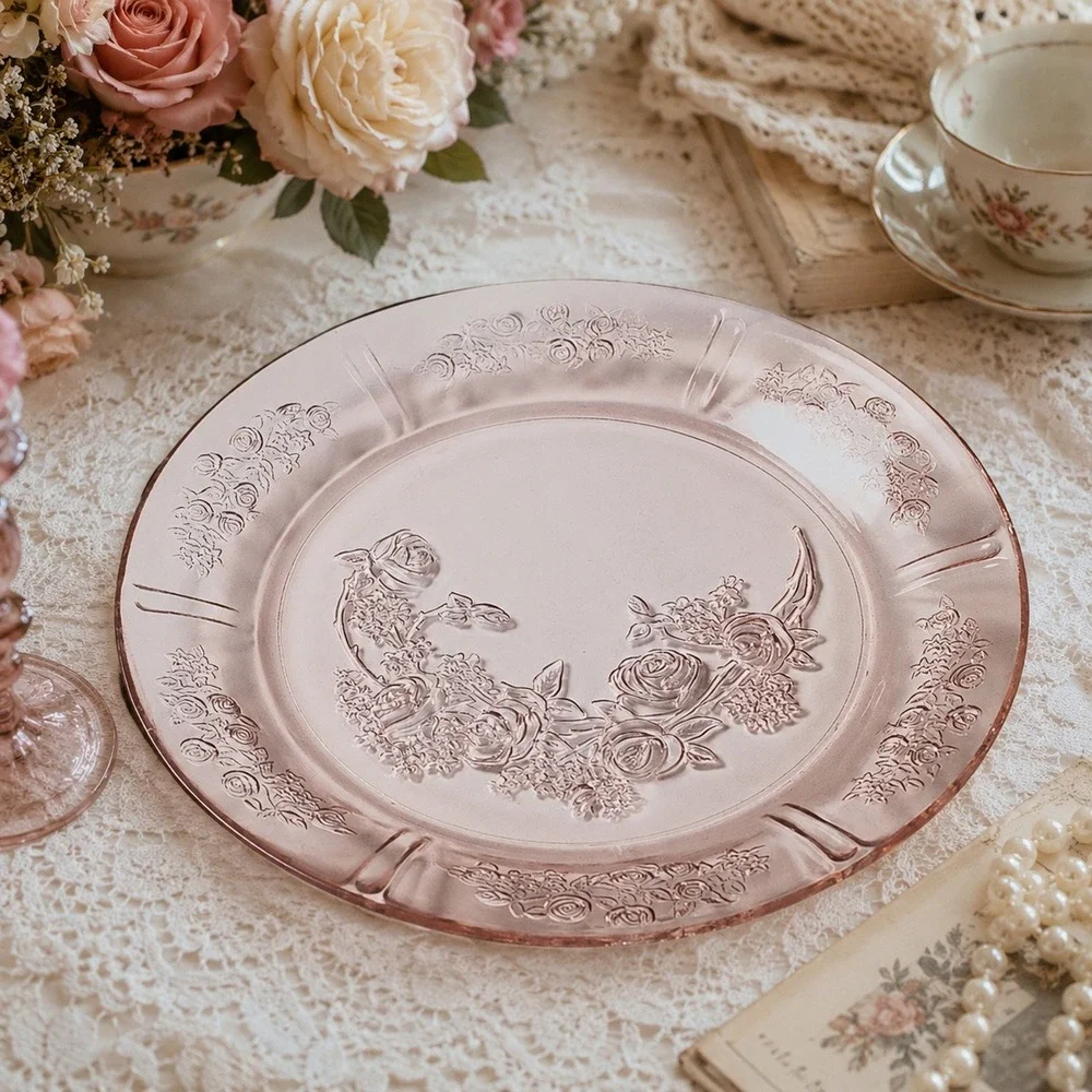 Vintage Pink Depression Glass Dinner Plate Rose Garden‎ Floral Etched 9 Inch
